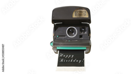 happy birthday text on old camera isolated