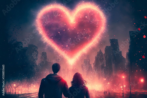 Heart shaped fireworks . Lovers couple background night city . Valentine Day. Generative AI