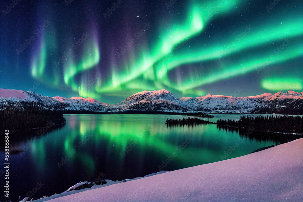 Aurora Borealis over a Landscape of Mountains and a Lake, Generative AI