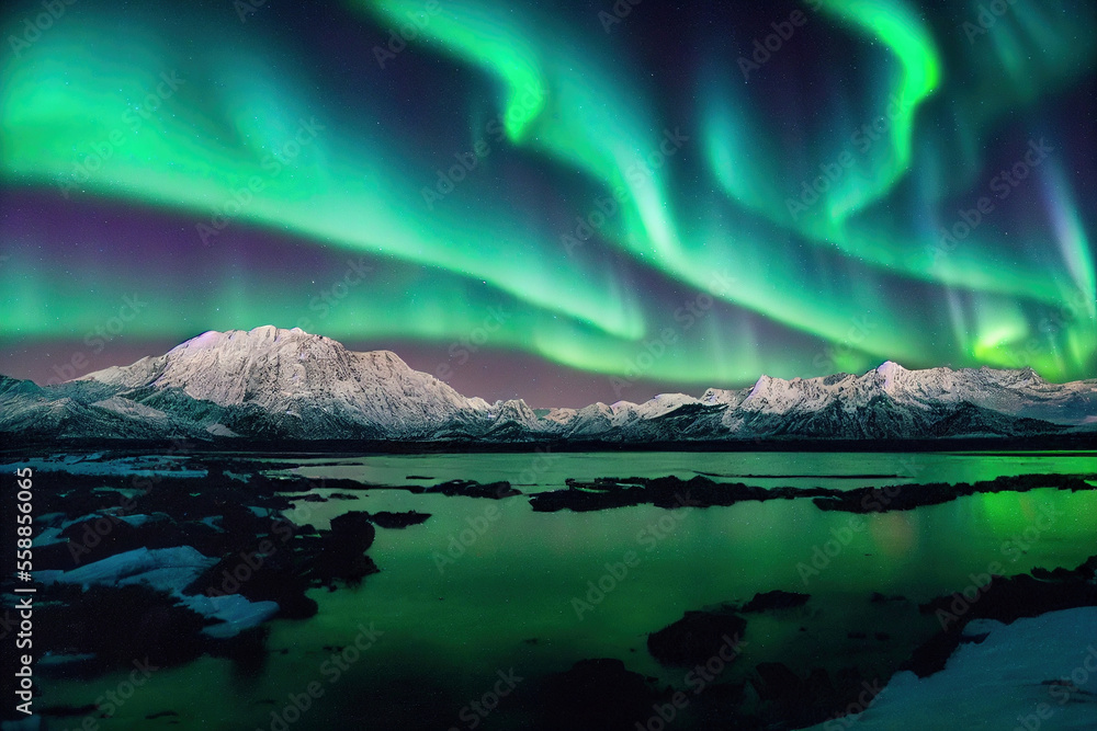 Aurora Borealis over a Landscape of Mountains and Lakes, Generative AI