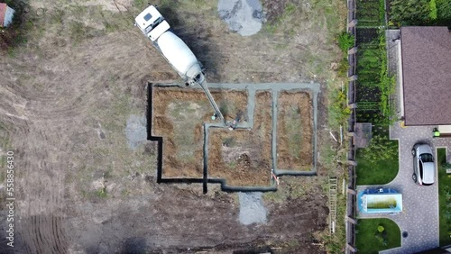concrete house foundation construction process. aerial view.