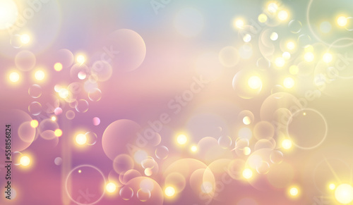 Magic lights of bokeh with golden blur soft light on sunset background. Holografic vector illustration of sky with galaxy made blurry bokeh