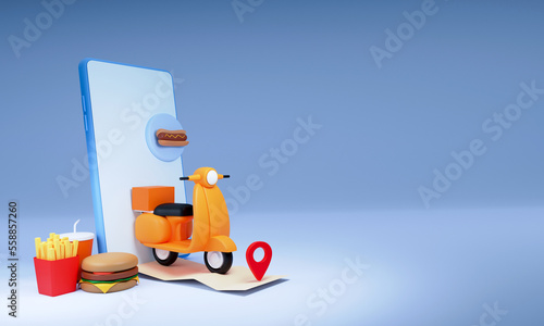 3D Render Of Online Junk Food Delivery Through Smartphone With Scooter Tracking Location On Blue Background And Copy Space.