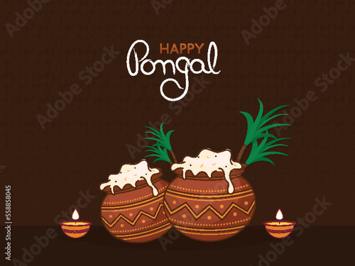 Happy Pongal Celebration Concept With Clay Pots Full Of Traditional Dish (Ven Pongal), Sugarcanes And Lit Oil Lamps (Diya) On Brown Vintage Frame Pattern Background.
