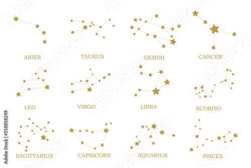 Set of zodiac signs Aries, Taurus, Leo, Gemini, Virgo, Scorpio, Libra, Aquarius, Sagittarius, Pisces, Capricorn, Cancer. Vector pattern for astrological, esoteric, magic sessions, personality re