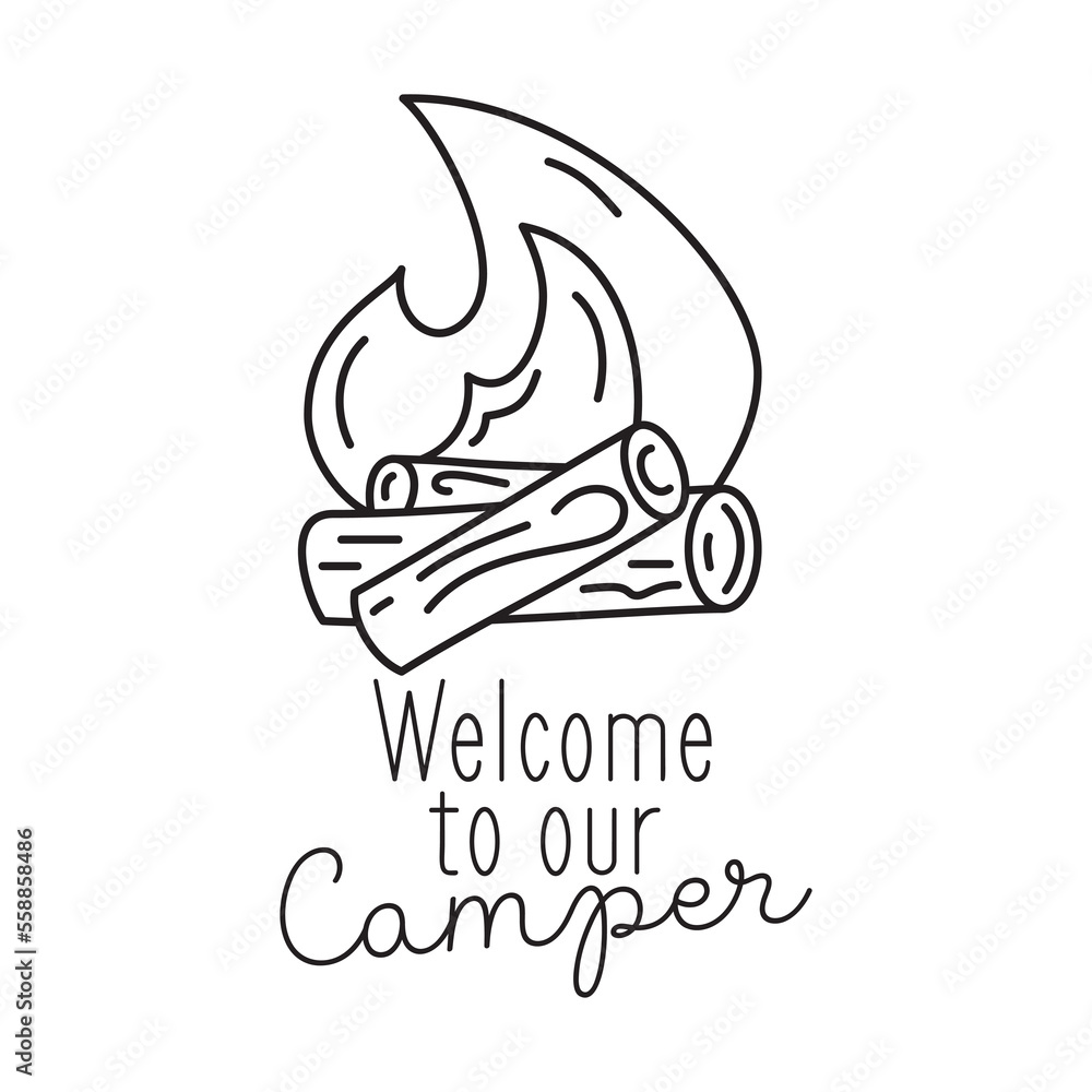 Obraz premium Camping T Shirt Design in minimalist Line Art Style with Quote - Welcome to our Camper. Travel linear Emblem. Hiking Silhouette Label. Stock Badge