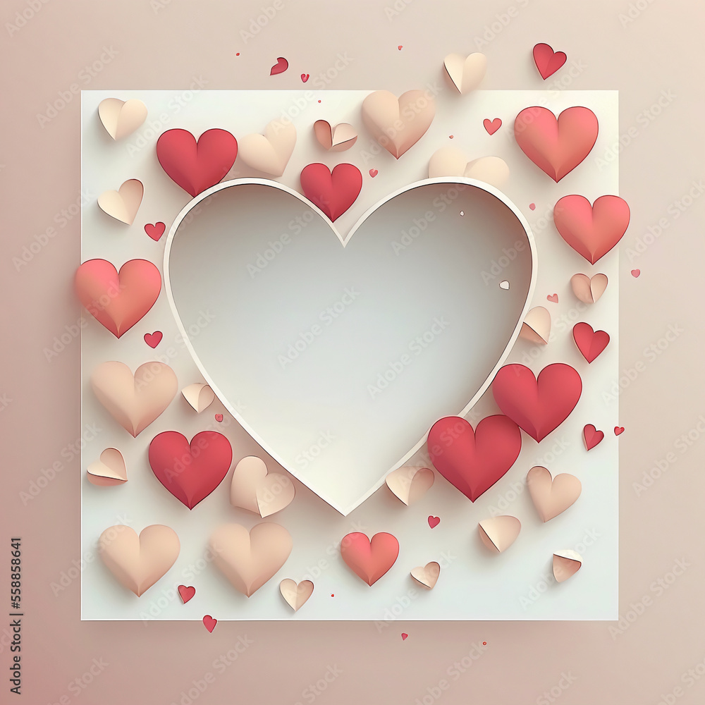 3D Render, Soft Colour Paper Hearts with Text Place Holder. Happy Valentines Day Concept. 