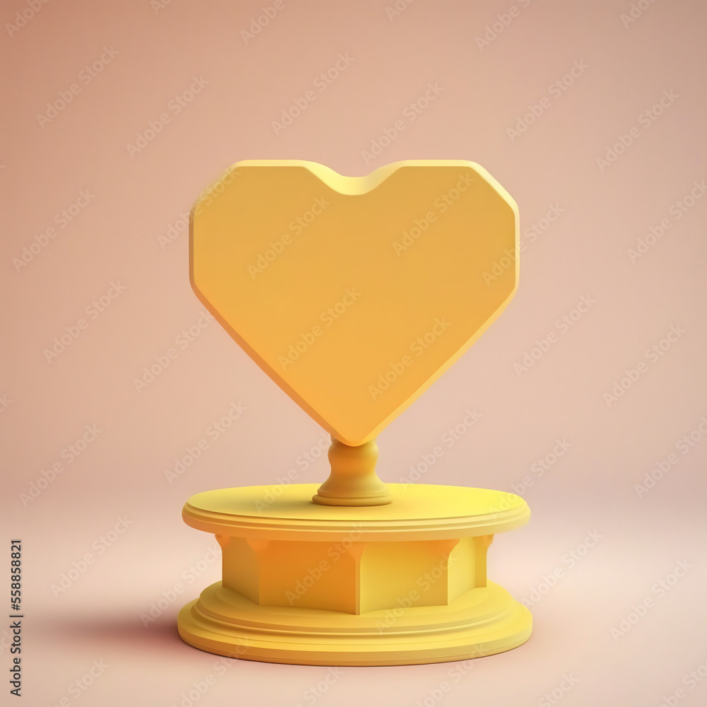 3D Render, Yellow 3D Heart Shape Stand Or Pedestal. 3D Render, Yellow 3D Heart Shape Stand Or Pedestal.
