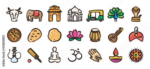 India icon set (Hand-drawn line, colored version)