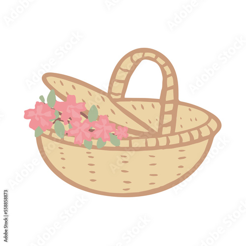 Hand drawn isolated open woven basket with sakura flowers