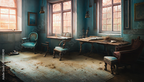 Abandoned and dilapidated  the French-style living room is a melancholy portrayal of neglect and decay. Generative AI