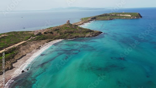 Long sandy beach and Capo San Marco Peninsula, San Giovanni di Sinis, Sardinia - 4k Aerial photo