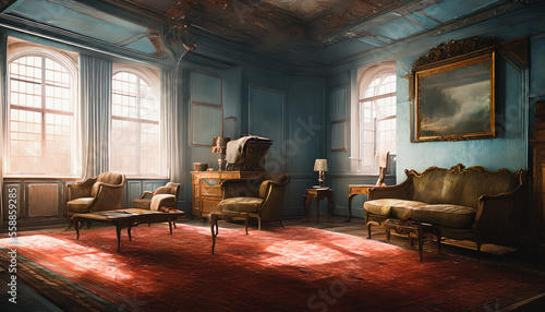 Abandoned and dilapidated, the French-style living room is a melancholy portrayal of neglect and decay. Generative AI © 4K_Heaven