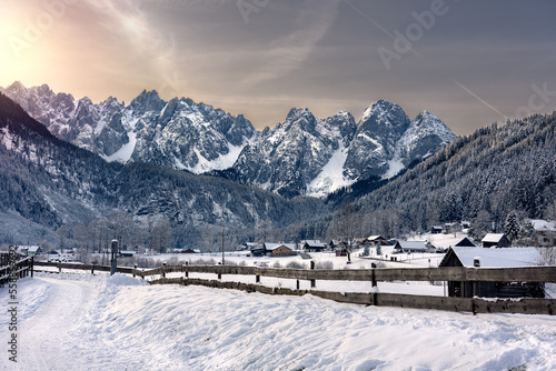 beautiful snowy winter landscape with Dachstein mountins in Gosau photo
