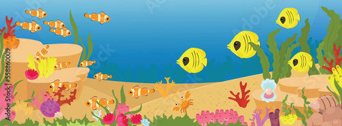 Tropical underwater seabed with sand and underwater world of corals and marine fish and algae cartoon style. Tourism, recreation and diving near the water.