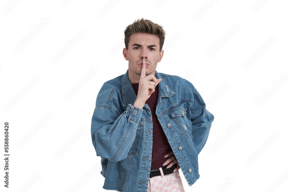 Fototapeta premium Young caucasian man doing the sign of silence, isolated on white background.
