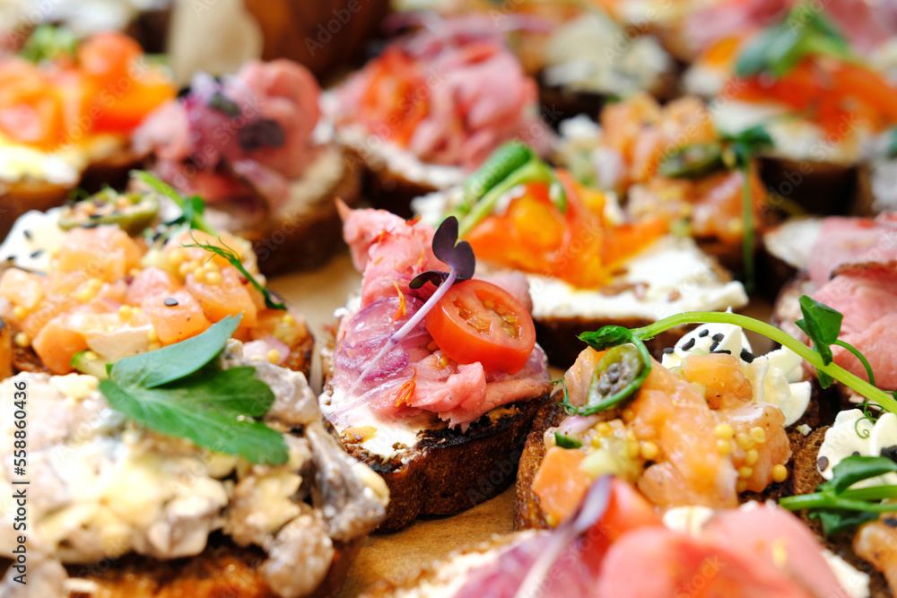 Assorted bruschettas on a wooden tray. Fish, meat, vegetables and herbs. Appetizing snacks. Close-up Assorted bruschettas on a wooden tray. Fish, meat, vegetables and herbs. Appetizing snacks. Close-up