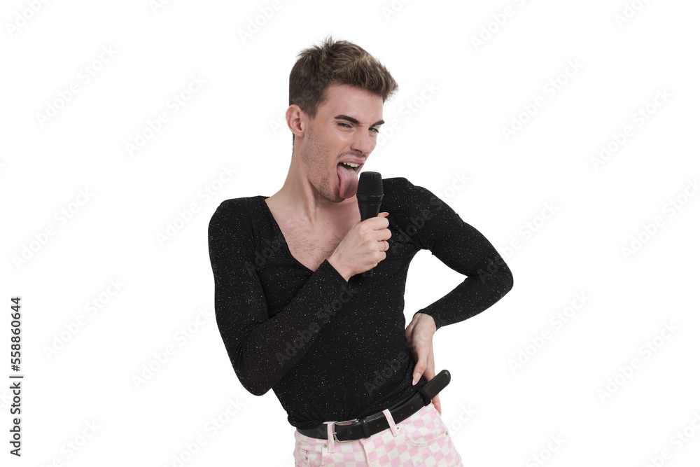 Young caucasian man sticking out tongue with a microphone. Isolated over white background. Young caucasian man sticking out tongue with a microphone. Isolated over white background.