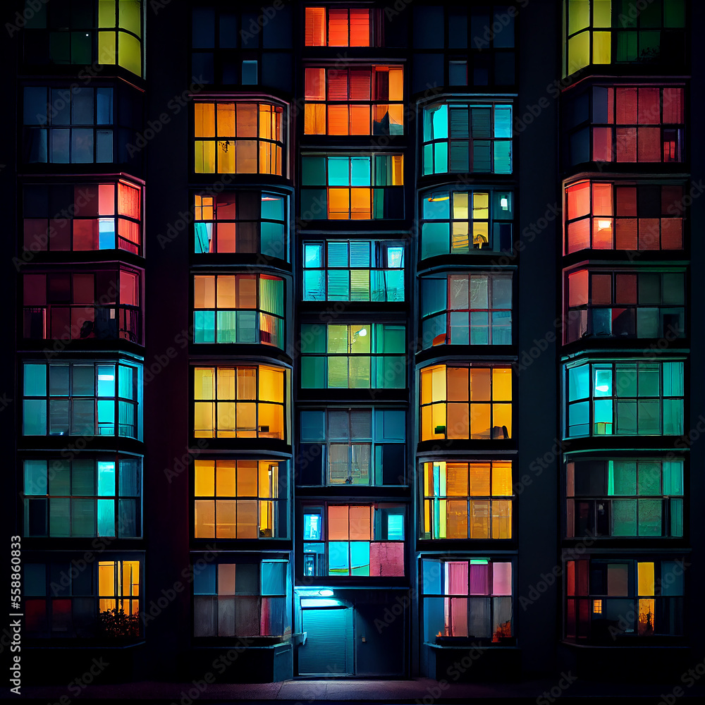 Building facade with the windows lighted in different colors, generative ia Building facade with the windows lighted in different colors, generative ia