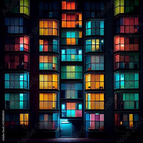 Building facade with the windows lighted in different colors, generative ia