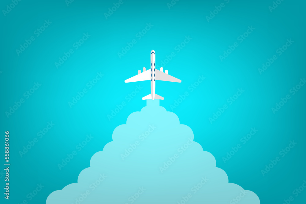 Airplane takeoff with clouds and background for text. Abstract air path of flight airplane. Airplane takeoff with clouds and background for text. Abstract air path of flight airplane.
