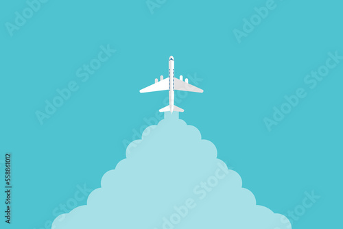 Airplane takeoff with clouds and background for text. Abstract air path of flight airplane.