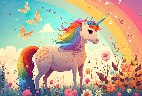 Adorable unicorn with rainbow mane and tail  fantasy unicorn  illustration  generative ai