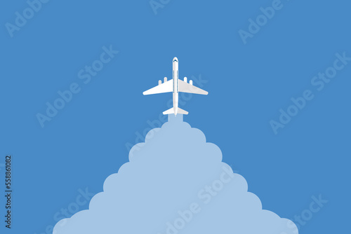 Airplane takeoff with clouds and background for text. Abstract air path of flight airplane.