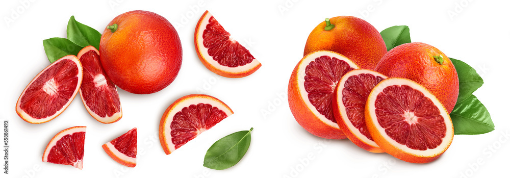 Blood red oranges isolated on white background . Top view. Flat lay Blood red oranges isolated on white background . Top view. Flat lay