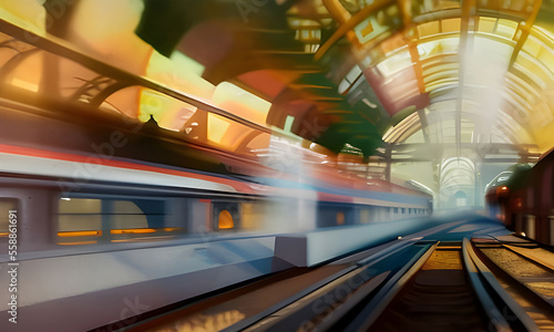 Illustration of a subway station and a moving train. Abstract big city life background. (Generative AI)