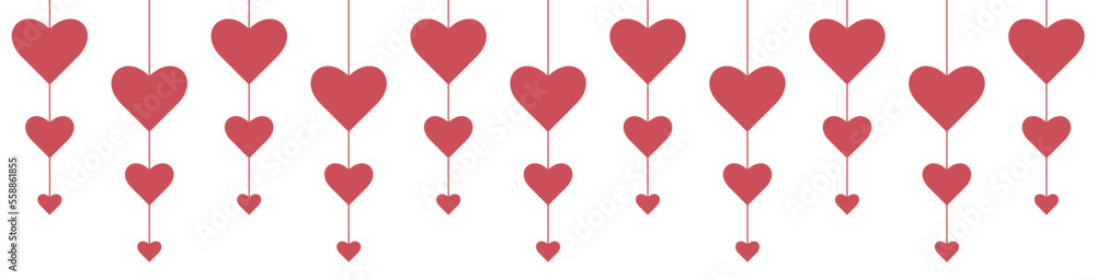 Garland with red hearts for Valentine's day. Can be used for card, invitation, border, valentine. Isolated vector and PNG illustration on transparent background.