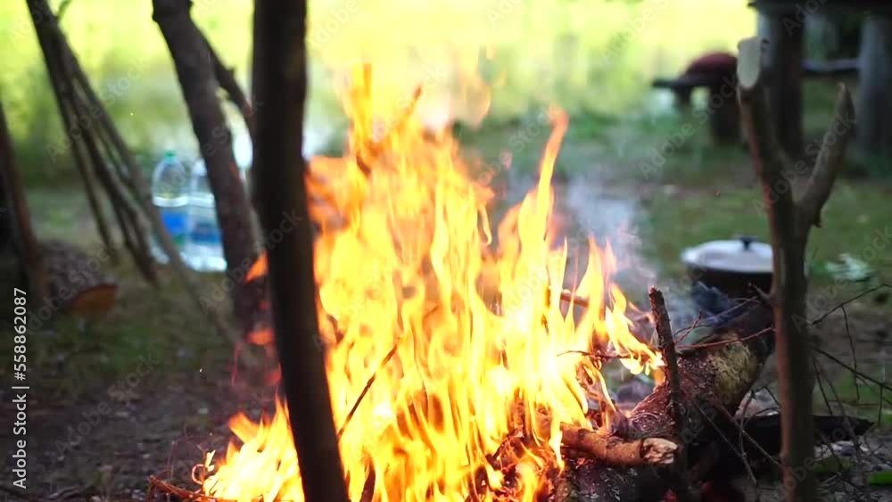 Fire. Campfire at the campsite. Cooking over a campfire.