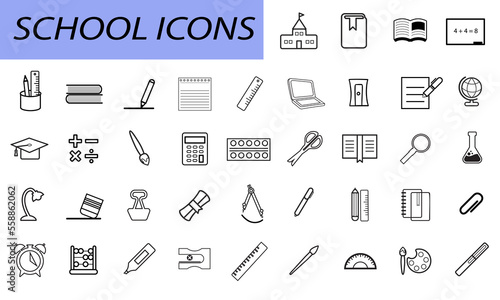 School icons, stationery icons, pencils, pens, books, and other vector illustration