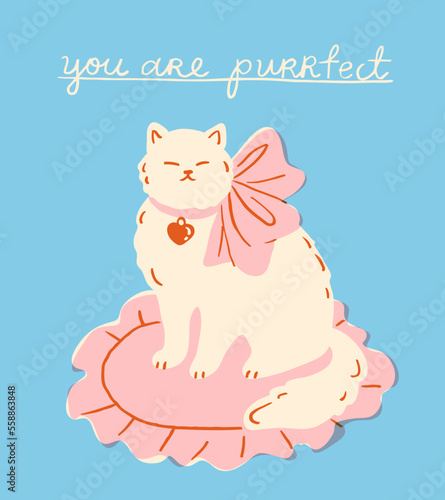 Cute cat with a pink ribbon and a heart shaped pendant sitting on a pillow with a "You are purrfect" message. Valentine's day poster, banner or post card template. Trendy retro style.