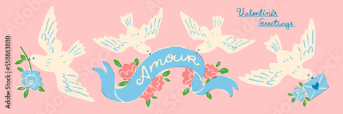 Set of white doves for the Valentine's Day or wedding. Vector illustration of flying birds holding flowers and letters. Romantic messenger concept. Design elements for invitation, banner or postcard.