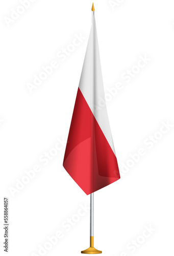 Isolated small national flag of Poland vector with golden flagpole.Standing miniature flag of Poland