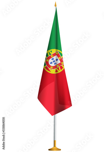 Isolated small national flag of Portugal vector with golden flagpole.Standing miniature flag of Portugal