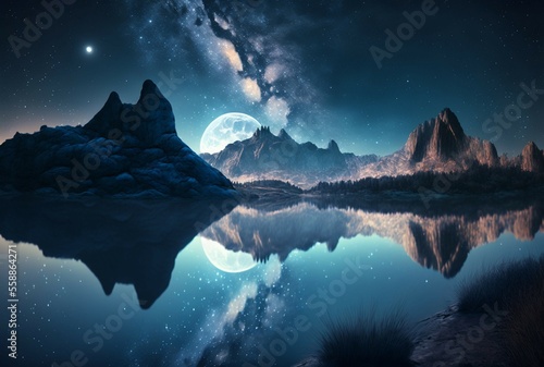 illustration, mountains, lake, , clouds, stars, generated by AI.