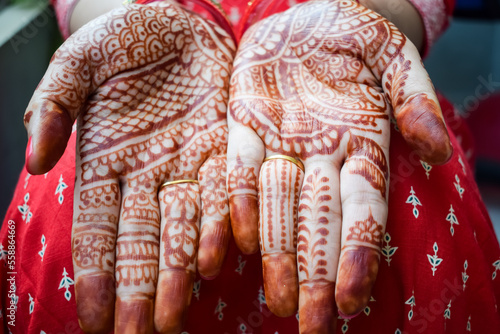 Beautiful woman dressed up as Indian tradition with henna mehndi design on her both hands to celebrate big festival of Karwa Chauth, Karwa Chauth celebrations by Indian woman for her husband