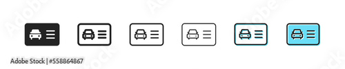 Driver license icon set. Driver id card, MIA. Driver s personal document. Traffic rules concept. Six vector line icon in different styles