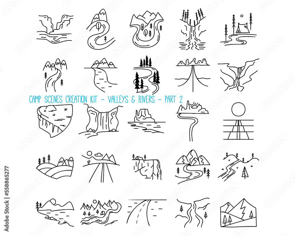 Set of mountain valleys and rivers icons. Part 2