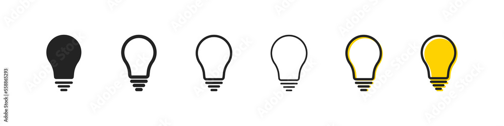 Light bulb with rays line icon. Lighting, electricity, electric, shine, wiring, glow. Thinking, creative, creativity, solution, strategy. Technology concept. Six vector line icon in different styles Light bulb with rays line icon. Lighting, electricity, electric, shine, wiring, glow. Thinking, creative, creativity, solution, strategy. Technology concept. Six vector line icon in different styles