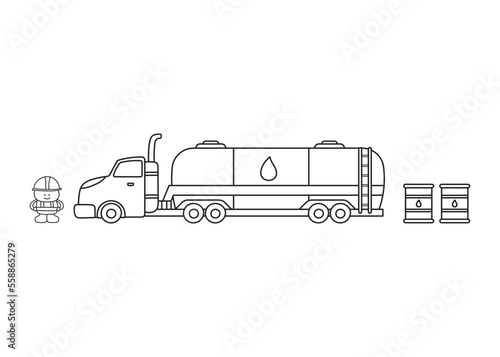 Hand drawn color children construction set fuel truck with fuel barrels and construction worker