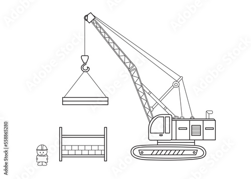 Hand drawn color children construction set crane machine excavator and construction worker holding a map