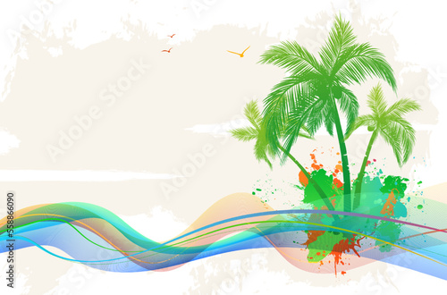 Summer design with abstract waves, palms and splashes
