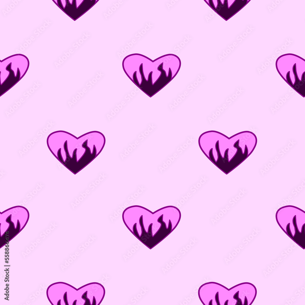 Y2k glamour pink seamless pattern. Backgrounds in trendy 2000s emo girl kawaii style. Flames in pink hearts. 90s, 00s aesthetic.