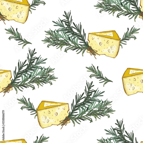 Italian food seamless pattern design with rosemary spice herb and parmesan cheese seamless pattern design vector illustration. Italian food package wrapping and fabric print.