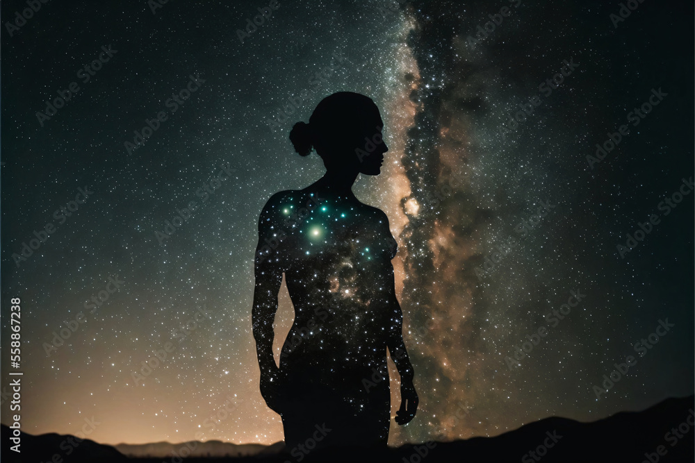Silhouette of a person standing in front of night sky with galaxy. Designed using Generative AI. 