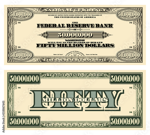 Vector template obverse and reverse of a vintage banknote with guilloche frame, denomination of fifty million US dollars. Paper money in style retro.