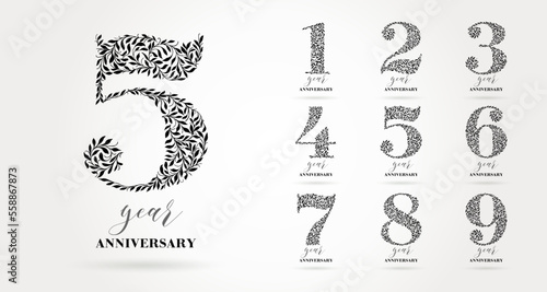 A set of logo designs from 1 to 9 years old. Number consists of a leaf pattern, no gradient fill. Anniversary logo design for holiday event, invitation, greeting, party, fashion, entertainment